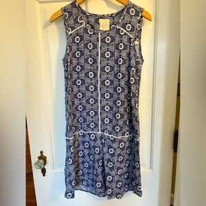 UK brand NEXT linen blend a-line shift swing dress geometric blue print size 14